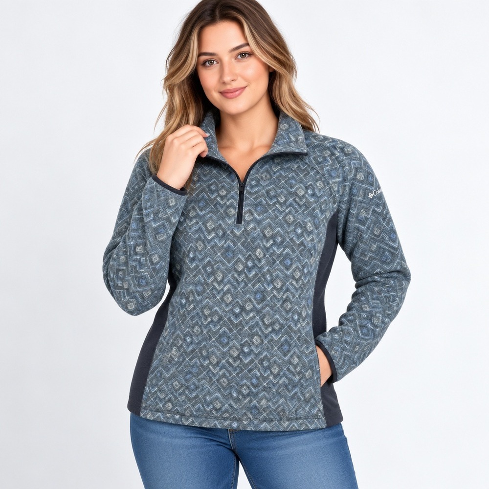 Columbia Fleece Pullover Women L Blue Grey Geometric Diamond 1/4 Zip XK1447